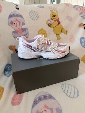New Balance Kids White and Light Pink Athletic Sneaker